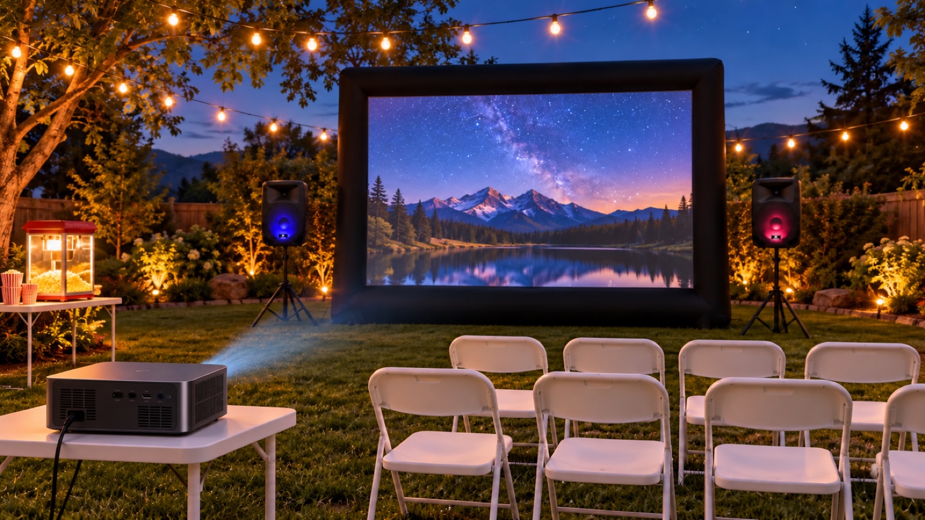 AI-generated outdoor movie-night inspiration with an inflatable screen, projector, speakers and white folding chairs