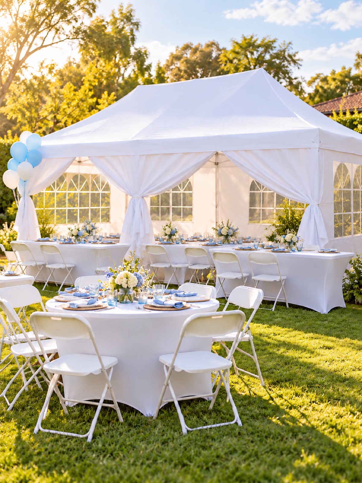 AI-generated party inspiration featuring a white tent, tables and folding chairs